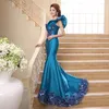 Nouveau luxueux belle robe d'été longue robe de style chinois sexy une épaule femme robe bleu Qipao robe sirène femmes robe de soirée