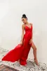 Sommerkleid mit hohem Schlitz, rotes Maxikleid für Damen, solide, sexy, bodenlang, Chistamas-Party, Abschlussball und Abend, Strand, Clubwear, lange Kleider