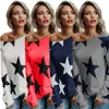 Spring Women Slash Neck Loose T-shirt Five Stars Printed High Street Cotton Top Tee Long Sleeves Clothes