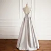 Silver Gray Evening Dress Long Prom Dresses Elegant Satin Scoop Sheer with Beading Pleats Satin Long Prom Dresses Custom Made Plus Size