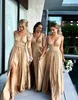 2019 Sexy Long Gold Bridesmaid Dresses Deep V Neck high Side Split Floor Length Champagne Beach chiffon Boho Wedding Guest Dresses