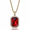 Hip Hop Gold Color Iced Out Micro Pave CZ Stone Red Stone Pendant Necklace 60cm Rope Chain