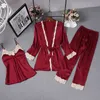 3 Pcs women robe gown sets quality sexy silk satin nightwear lace top trousers long sleeves bathrobe strap padded nightdress