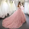 Elegant Pink Quinceanera Dresses Ball Gown Sheer Neck Sweep Train 2018 Prom Dresses With Lace Applique Backless Sweet 16 Gowns286w
