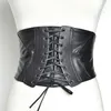 Kvinnor Vintage Wide Waist Belts PU Läder och Cowboy Fabric Girdle With Bow Tie Bandage Elastic Band