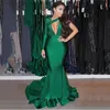 Sexy V-neck Neckline Green Mermaid Evening Dresses New Designer One Shoulder Long Sleeves Sheath Prom Party Dresses Sweep Train Custom Made