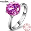 Vecalon Fine Jewelry Bague solitaire en argent sterling 925 5A Rose Zircon Cz Bague de fiançailles pour femme Cadeau de mariée