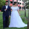 2019 A Line Plus Size Wedding Dresses With Belt Off The Shoulder Lace Appliques Short Sleeve Boho Bridal Gowns Floor Length Country Wedding