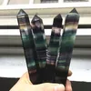 1 st Vacker naturlig regnbåge fluoritpekad obelisk naturlig kvarts kristall färgad fluorit sex kantpunkt wand helande