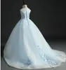 Długotrwałe niebieskie tiul dziewczyny w konkursie suknia balowa kwiatowa sukienka na wesele dla dzieci imprez