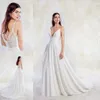 2022 Newest A Line Wedding Dress Sexy Spaghetti Deep V Neck Lace Back Satin Bridal Gowns Sweep Train