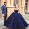 Темно -синие голубые возлюбленные атласные шариковые платья Quinceanera платья с ровной длина пола выпускные вечерние платья BC0046