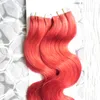 Extensions de cheveux humains Remy avec bande adhésive, rouge, Body Wave, trame cutanée, sans couture, 16, 18, 20, 22, 24 pouces, faites Machine, 40 pièces, 100g