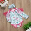 Baby Cartoon Horse Print Romper Girls Shoulder Mesh Jumpsuits Fashion Boutique Kids Climbing Kläder med huvudband C4689