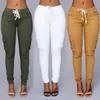Women Ladies Casual High Waist Elastic Slim Pocket Pants Skinny Pencil Pants Cargo Trousers with Side Pockets Long Harem Pants