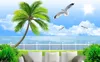 Custom Retail 3D Stereo Seascape Background Wall Painting Blue Sky White Clouds Coconut Tree Bird Seascape Mural