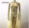 Glisten Gold Sequins Bodysuit Kjol Set Kvinnors Stretch Leotard Outfit Långt tåg Nattklubb Kostym Två bitar Kläder uppsättning