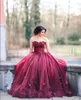 Nieuwe sexy bordeaux strapless baljurk prinses quinceanera jurken kanten lijfje baskische taille backless lange galajurken