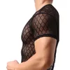 Mode hommes Sexy T-shirt Singlet Plaid maille transparente col en V t-shirts Gay mâle exotique T-shirt tenue de club vêtements de nuit maillot de corps