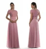 Abiti da damigella d'onore lunghi modesti rosa polveroso con maniche corte Gioiello corpetto in pizzo Abiti da damigella d'onore da sera formali in chiffon Custom Made