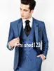 Custom Design One Button Blue Wedding Bruidegom Tuxedos Notch Revers GroomsMen Mens Diner Blazer Pakken (Jas + Broek + Vest + Tie) NO: 1529