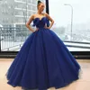 Głęboki Ocean-Blue Quinceanera Suknie Uroczy V-Neck Bez Rękawów Puszysta Suknia Balowa Prom Dress Glamorous Vintage Party Dress Seksowne Suknie Wieczorowe