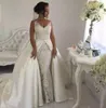 Trendy v-pescoço overskirt sereia árabe vestidos de casamento saia destacável plus size Africano país nupcial vestido de noiva vestido de noiva
