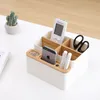 Organisateur de bureau multifonctionnel, boîte de rangement en plastique avec compartiment en bambou pour bureau, maison, papeterie, cosmétiques, pinceaux de maquillage