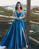 Robe de soirée en Satin bleu, épaules dénudées, longueur au sol, fente haute, Sexy, longue, robes de bal, robes formelles, fermeture éclair