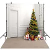 Indoor Christmas Party Background Printed Present Boxes Decorated Xmas Tree Blue Gold Red Balls White Wall Door Photo Backdrops