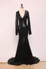 Sexy Black Sequins Mermaid Evening Dresses Trumpet Deep V Neck Long Sleeve Prom Gowns Court Train Formal Party Dress 2020