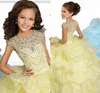 Light Yellow Princess Ball Gown Girls Pageant Gowns Cap Sleeves Crystals Beaded Ruffles Performance Dresses Kids Formal Party Gowns