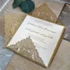 Altın Chantilly Dantel Lazer Kesim Wrap Davetiyesi - Fildişi Pırıltılı Eklemek ve Göbek Bantlı Altın Kare Lazer Kesim Düğün Davetiyesi