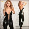 Kvinnors sexiga Catsuit PVC läder damer sexig latex blixtlås bodysuit kors gren dräkt erotisk underkläder bandage klubbkläder