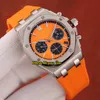 Fashion Lady Date Royal 26231 Orange Dial VK67 Quartz Chronograph Womens Watch Stopwatch 316L Steel Case Yellow Rubber Strap New W279Z