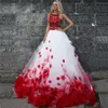 Duas Peças Branco Vermelho Vestidos de Baile Apliques de Renda 3D Flores Tulle Vestido de Baile Vestidos Quinceanera Doce 16 Vestidos