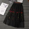 Spring and Summer Tulle Skirt Slim Pleated Skirts Vintage Rose Embroidery Floral skirts Womens All-match Waist Jupe Saias faldas