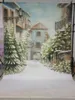 Arrière-plan de photographie d'hiver imprimé, maisons de route de rue, arbres de pins verts couverts de neige, arrière-plans de Studio Photo pour enfants
