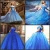 Cinderela Quinceanera Vestidos 2019 Novo Romatic Céu Azul Fora Do Ombro Floral Longo Organza Formal Vestido de Baile Cosplay Vestido de Baile