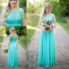 Turquoise Bridesmaids Dresses Sheer Jewel Neck Lace Top Chiffon Long Country Bridesmaid Maid of Honor Wedding Guest Dresses BA1513