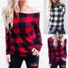 Women Off Shoulder Plaid Tops Long Sleeve Shirt Casual Blouse Loose T-shirt Red Buffalo Checkered Shirts L-OA4146