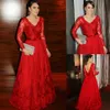 Elegant V-neck Lace Applique Red Prom Dress Belt Long Sleeves Beads Sequins Floor Length Lace Evening Dress Celebrity Gowns