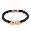 Rose Gold Plated Skull Head Bracelet Punk Fashion Bracelet for Men Boys Black Leather Handcuff Chain