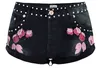 Black Punk Hot Shorts Ladies Rivets Patchs Brodé Floral Loose Style Curled Denim Shorts