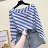 Cotton T-shirt Women 2018 New Autumn Long Sleeve O-Neck Female T Shirt White Striped Casual Basic Classic Lips Top Poleras Mujer