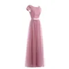 Roze Ronde hals Kant Lange Tule Prom Dresses Robe de Soiree Cap Mouw V Backless Bruidsmeisjes Jurk