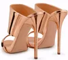 Kvinnor High Heel Sandals 2018 Metallic Rose Gold Patent Läder Mule Naken Heels Blush Summer Shoes Ladies Party Shoes Plus Storlek