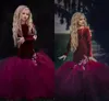 Veludo Sereia Burgund Meninas Pageant Vestidos 2019 Jewel Neck Manga Longa Flor Menina Vestido Barato Appliqued Formal Vestidos de Festa Para Adolescentes Crianças