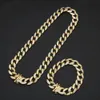 Mens Hip Hop Bling ювелирные изделия набор Miami Cuban Link цепочки ожерелье браслет замороженные рок-роппер панк-цепочка 1,5 см высокого качества полное медное золото серебро