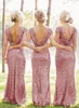 Brudtärna klänningar 2018 ros rosa bling sequins långa piga av ära klänningar anpassade sjöjungfrun backless plus storlek bröllopsfest gästklänningar klänningar